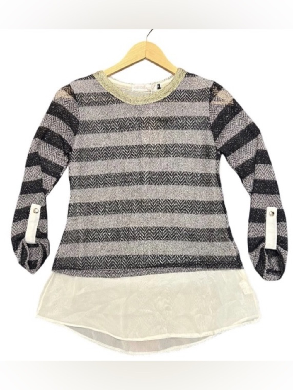 Prestige Slinky Metallic Knit Top Layered Sheer Hem Career Preppy Women’s M New